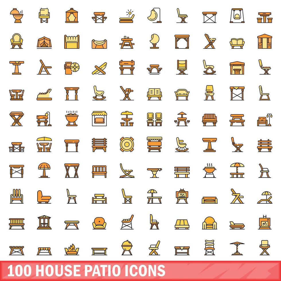 100 huis patio pictogrammen set, kleur lijn stijl vector