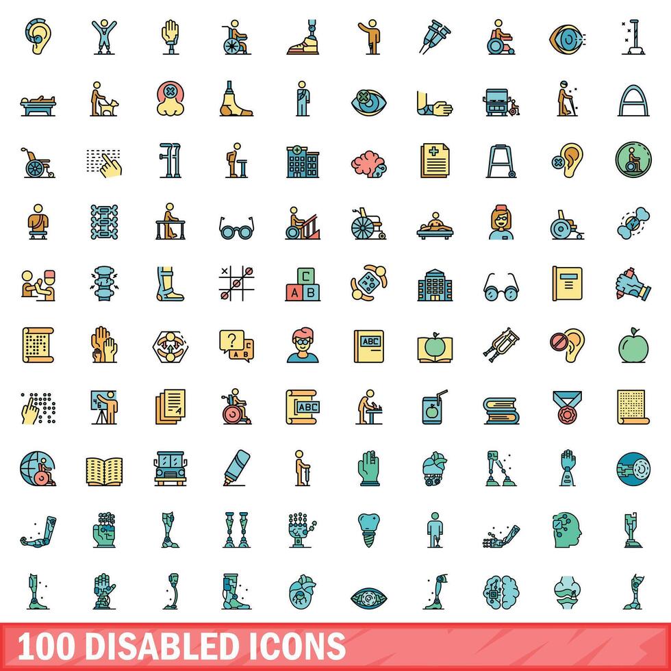 100 gehandicapt pictogrammen set, kleur lijn stijl vector