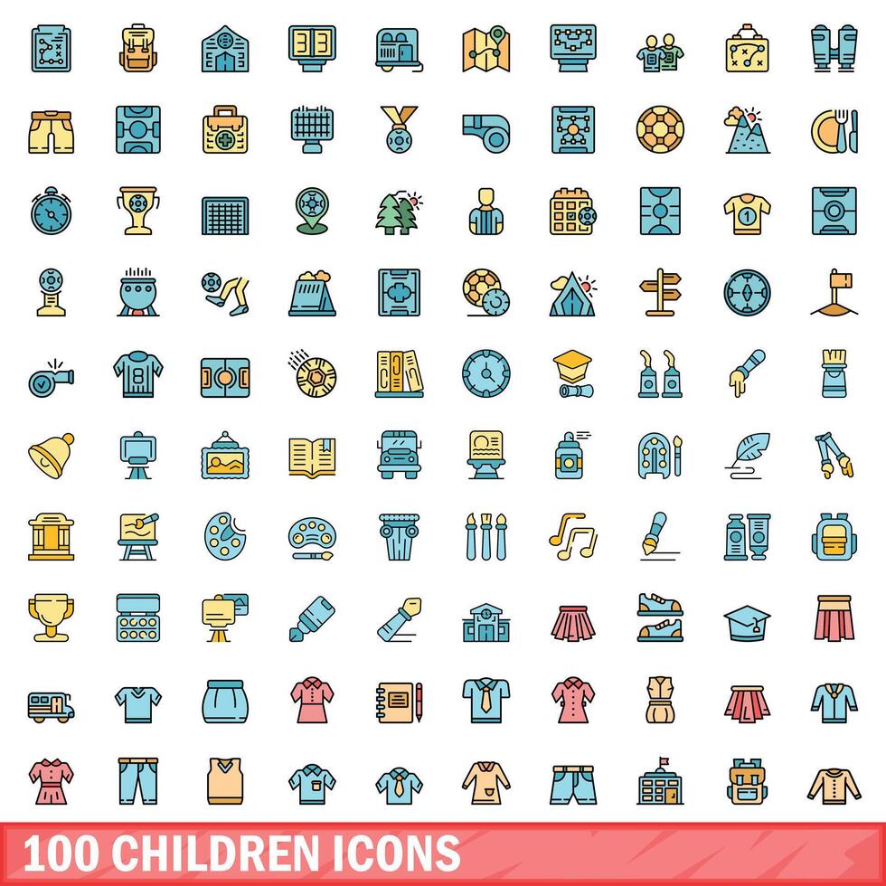 100 kinderen pictogrammen set, kleur lijn stijl vector