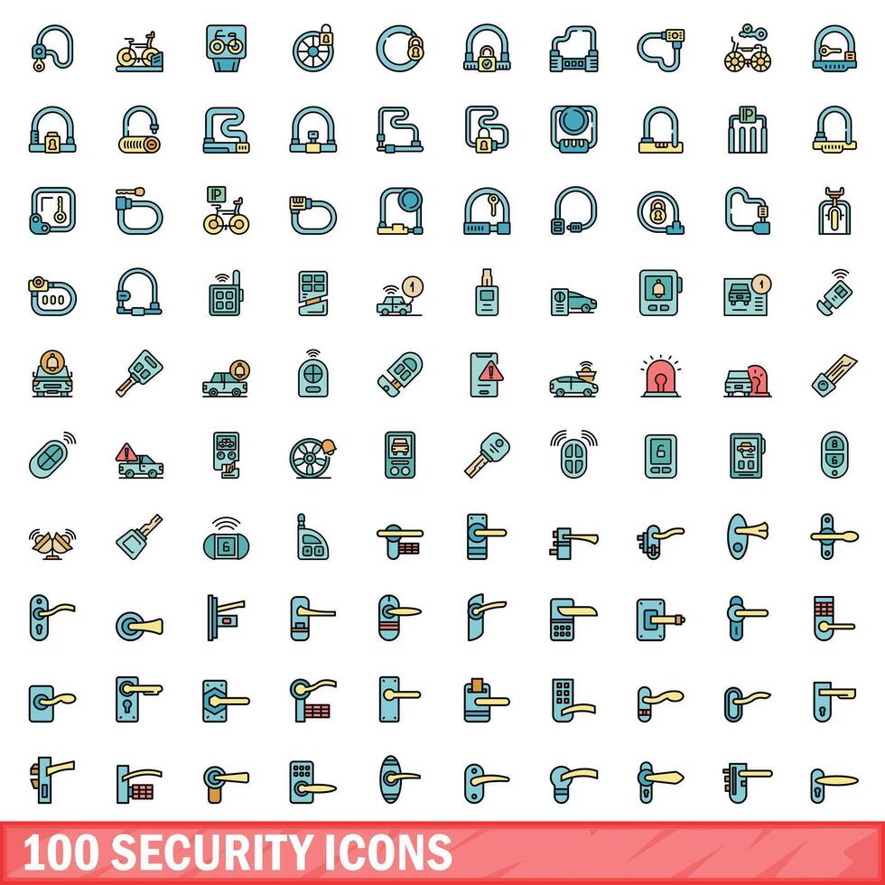 100 veiligheid pictogrammen set, kleur lijn stijl vector