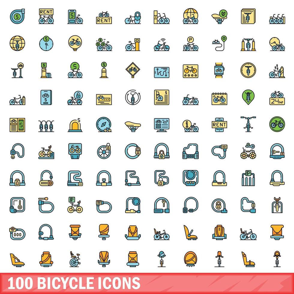 100 fiets pictogrammen set, kleur lijn stijl vector