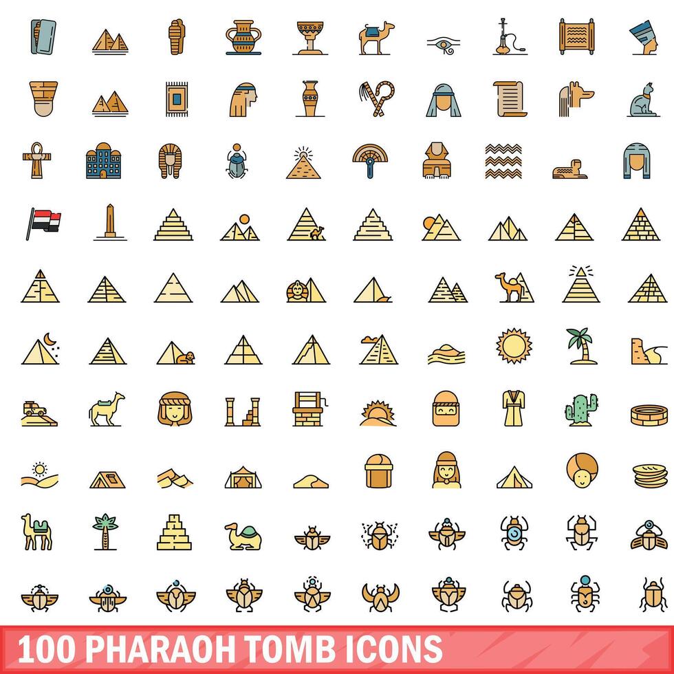 100 Farao graf pictogrammen set, kleur lijn stijl vector