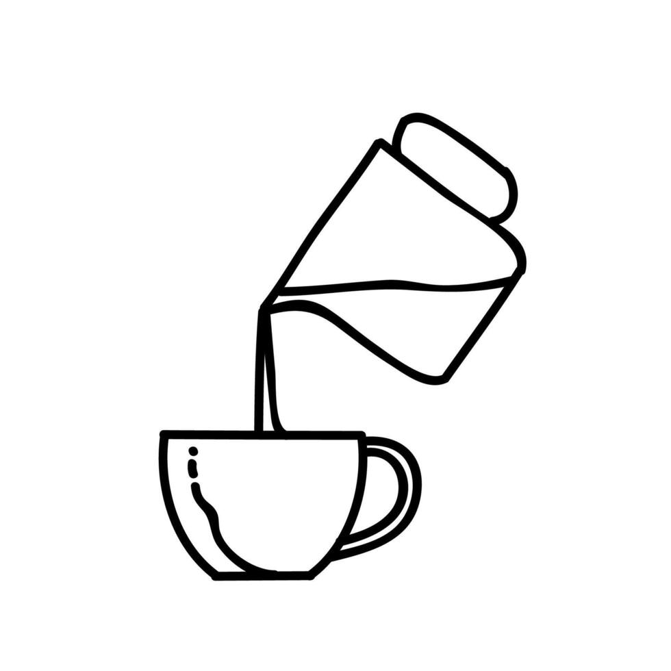 water gieten van kruik naar beker. koffie, thee, melk, chocola drank. hand- getrokken vector illustratie. bewerkbare lijn beroerte