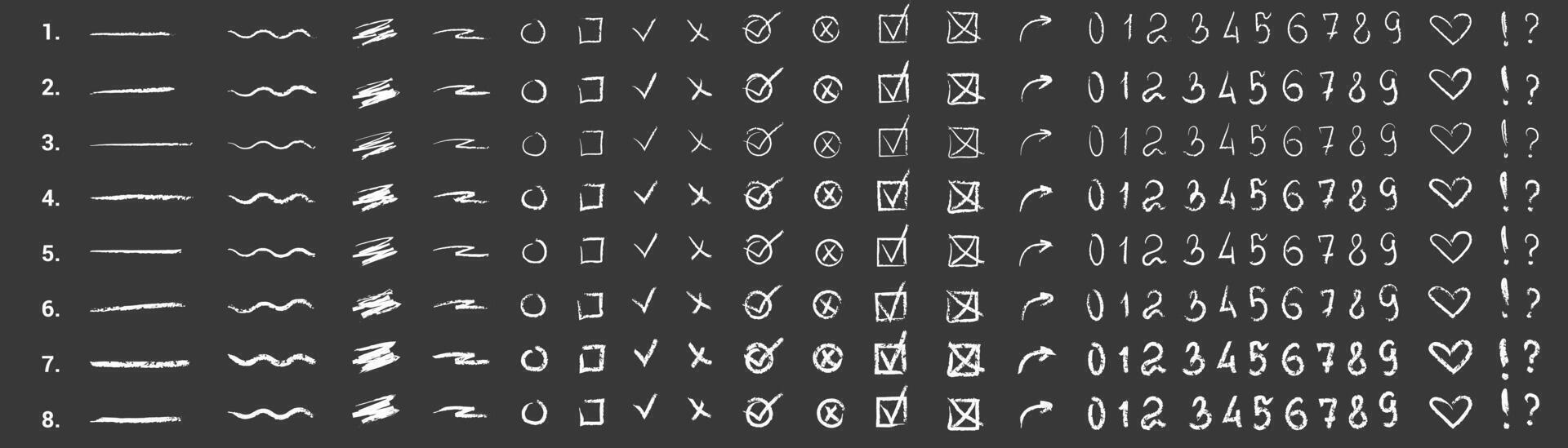 reeks van 8 vector houtskool krijt borstels en ruw slagen. hand- getrokken krijt potlood uitstrijkjes. wit kattebelletje Aan een zwart achtergrond. geïsoleerd krabbelen elementen. opgeslagen in de palet