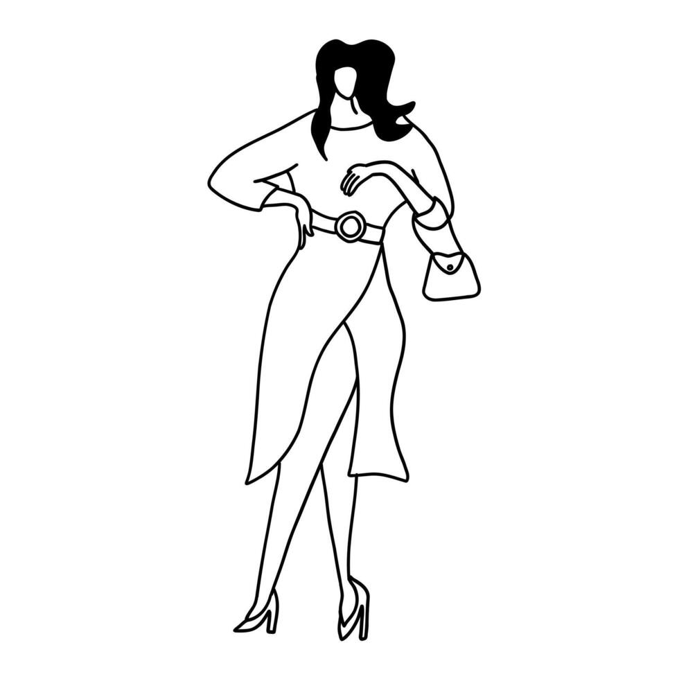 trendy, elegant en modern mode dame. vector illustratie in hand- getrokken schets tekening gemakkelijk contour stijl geïsoleerd Aan wit achtergrond. voor inpakken, Hoes kunst, poster.