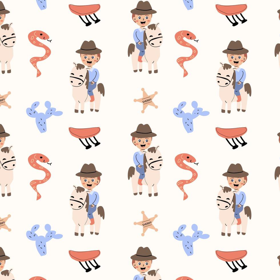 kinderachtig cowboy patroon met jongen en paard, slang, sheriff ster. vector illustratie van western elementen met jongen en paard. tekenfilm jongen en dier tekens achtergrond voor cowboy partij, behang, poster