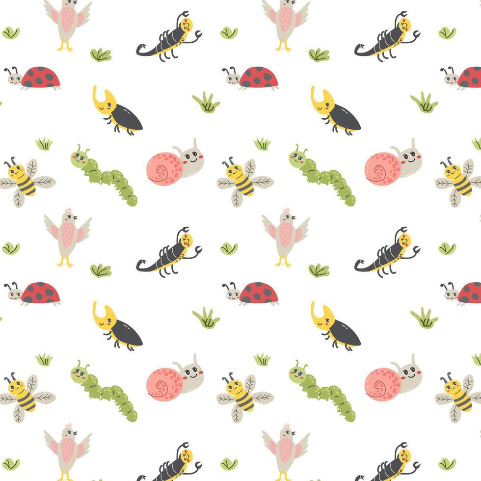 schattig rups- en slakken, vogels, bij naadloos patroon. vector illustratie kan gebruikt voor baby textiel achtergrond, behang, poster en decoratie.