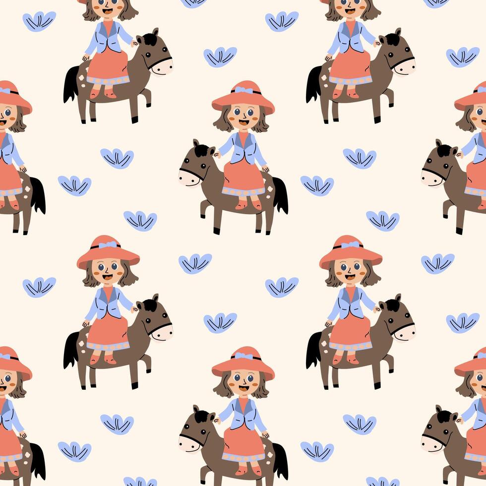 hand- getrokken kinderachtig meisje en paard achtergrond. vector illustratie met tekenfilm meisje en dier karakter. schattig meisje in jurk Aan paard patroon.