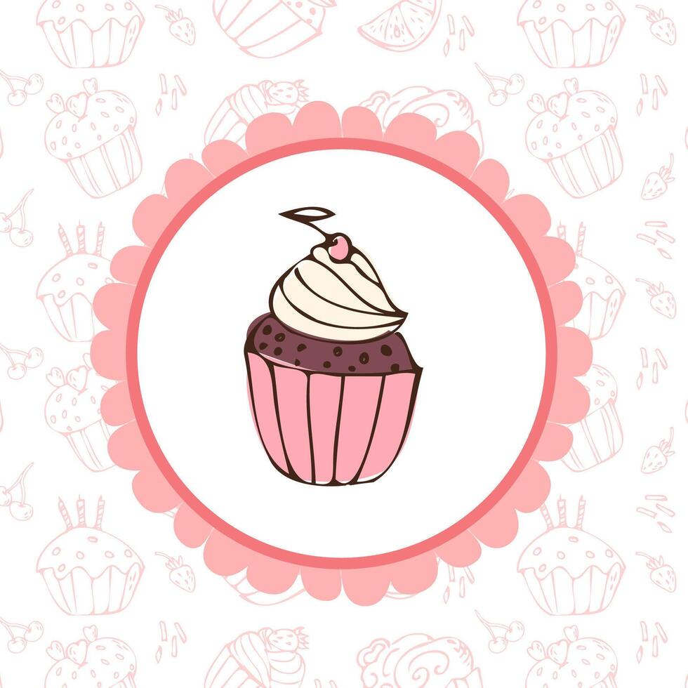 schattig koekje achtergrond sjabloon voor bakkerij. vector illustratie met schets tekening roze koekje achtergrond en etiket met muffin icoon met kers. hand- getrokken schetsen voedsel patroon voor bakkerij. wijnoogst stijl.
