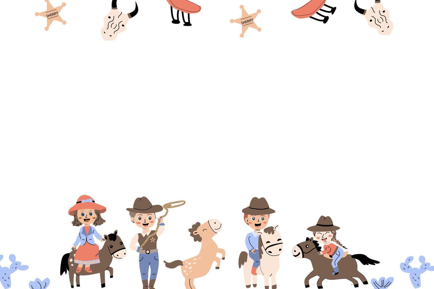 cowboy kinderen partij tekenfilm achtergrond met jongens en meisjes. vector illustratie geïsoleerd. kan gebruikt voor uitnodiging, groet kaart, viering ontwerp. horizontaal banier met kinderen en paarden.