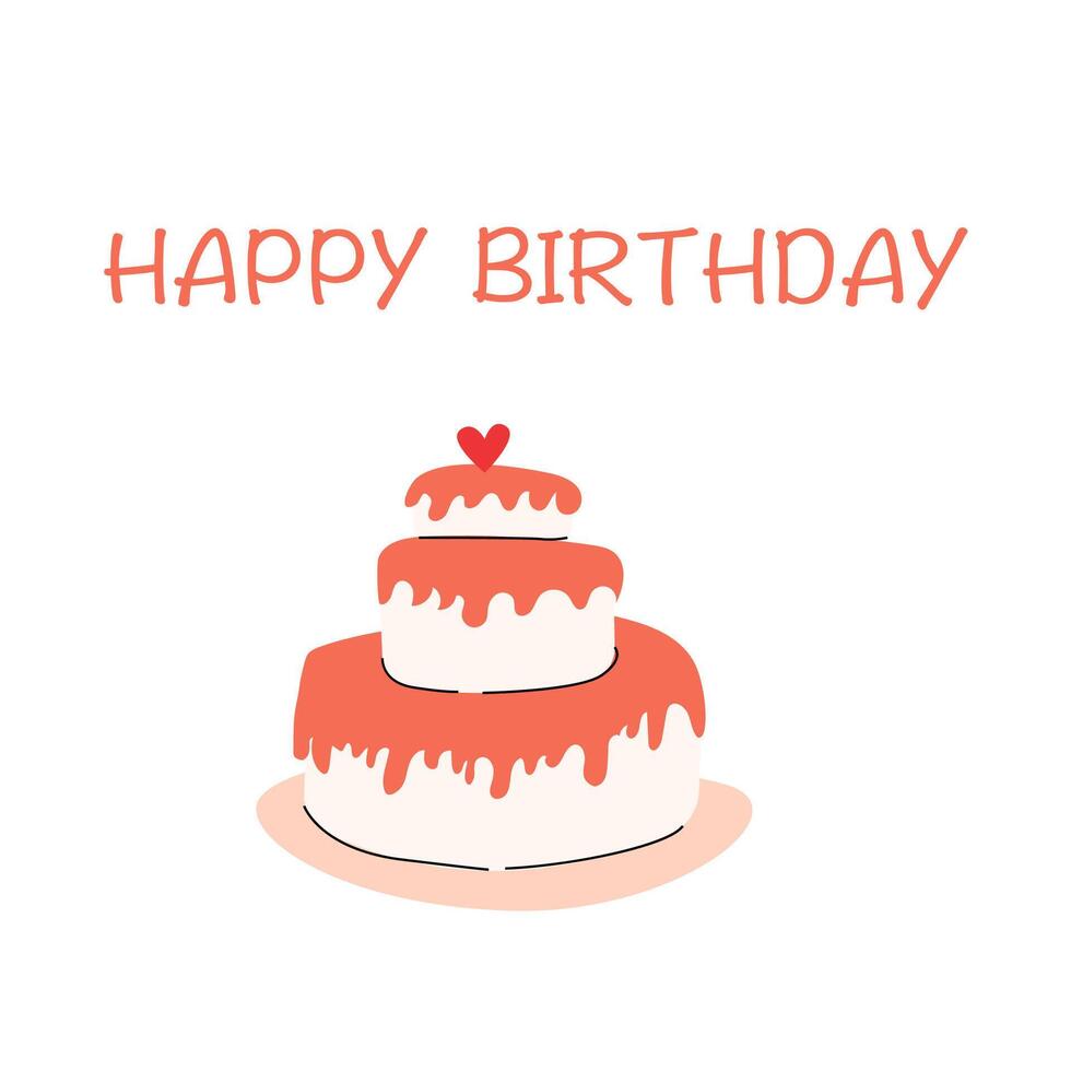 verjaardag taart met hart en rood room - kaart. vector illustratie voor gelukkig verjaardag kaart, banier, poster.