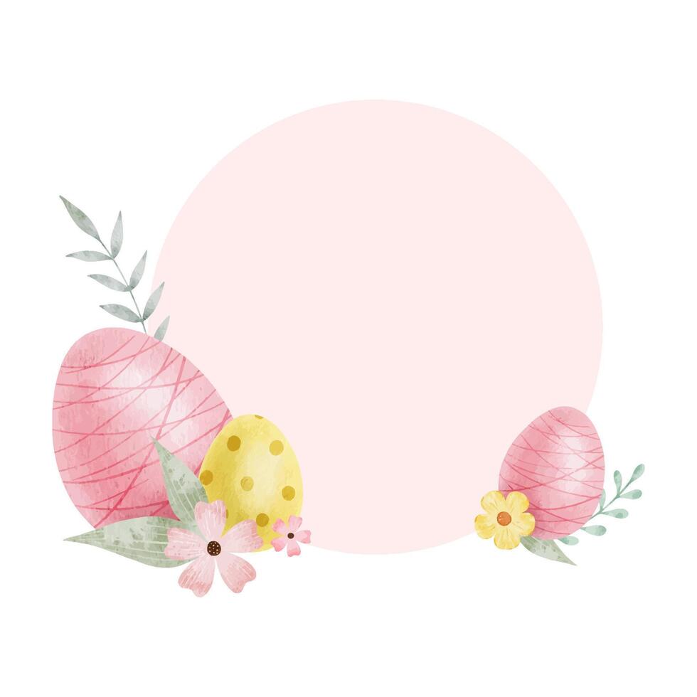 kader van schattig kleurrijk Pasen eieren, bloemen en bladeren. achtergrond met Pasen eieren met pastel kleuren. geïsoleerd waterverf illustratie. sjabloon voor Pasen kaarten, dekt, posters en uitnodigingen. vector