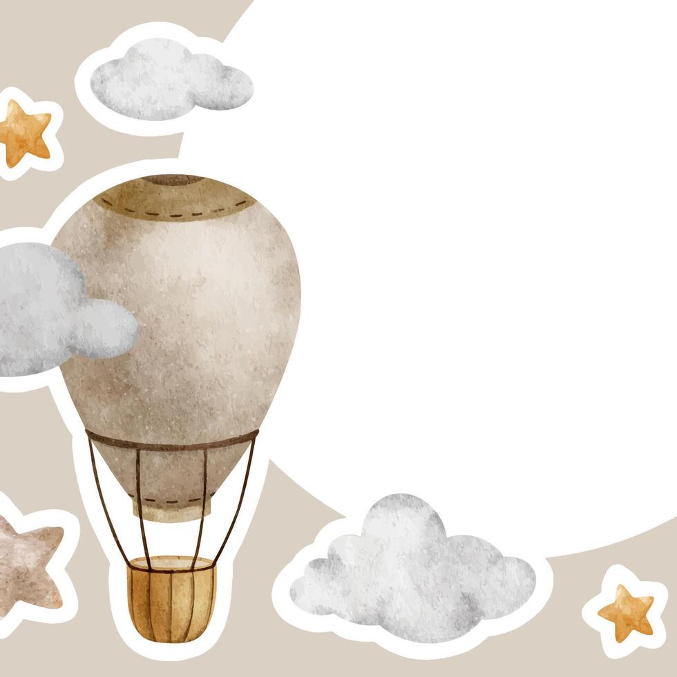 beige heet lucht ballonnen, wolken en sterren. kinderen achtergrond met baby vliegtuigen. schattig waterverf geïsoleerd kader voor kinderen goederen, ansichtkaarten, baby douche en kinderen kamer vector