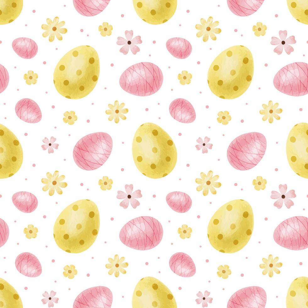 schattig kleurrijk Pasen eieren, bloemen en stippen. voorjaar waterverf naadloos patroon. afdrukken voor Pasen decoraties. sjabloon voor Pasen kaarten, dekt, affiches, uitnodigingen, scrapbooken, verpakking papieren vector