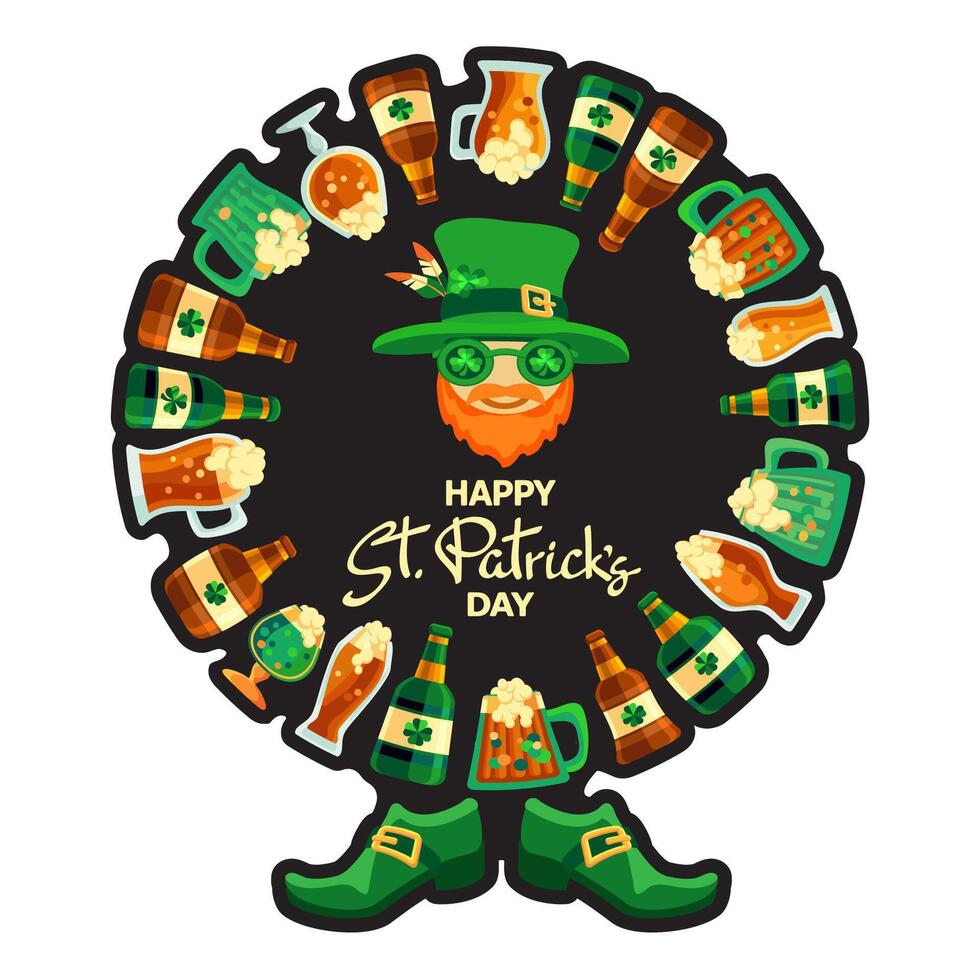 gelukkig heilige patricks dag. hand getekend belettering, elf van Ierse folklore, schoenen, bier. vector