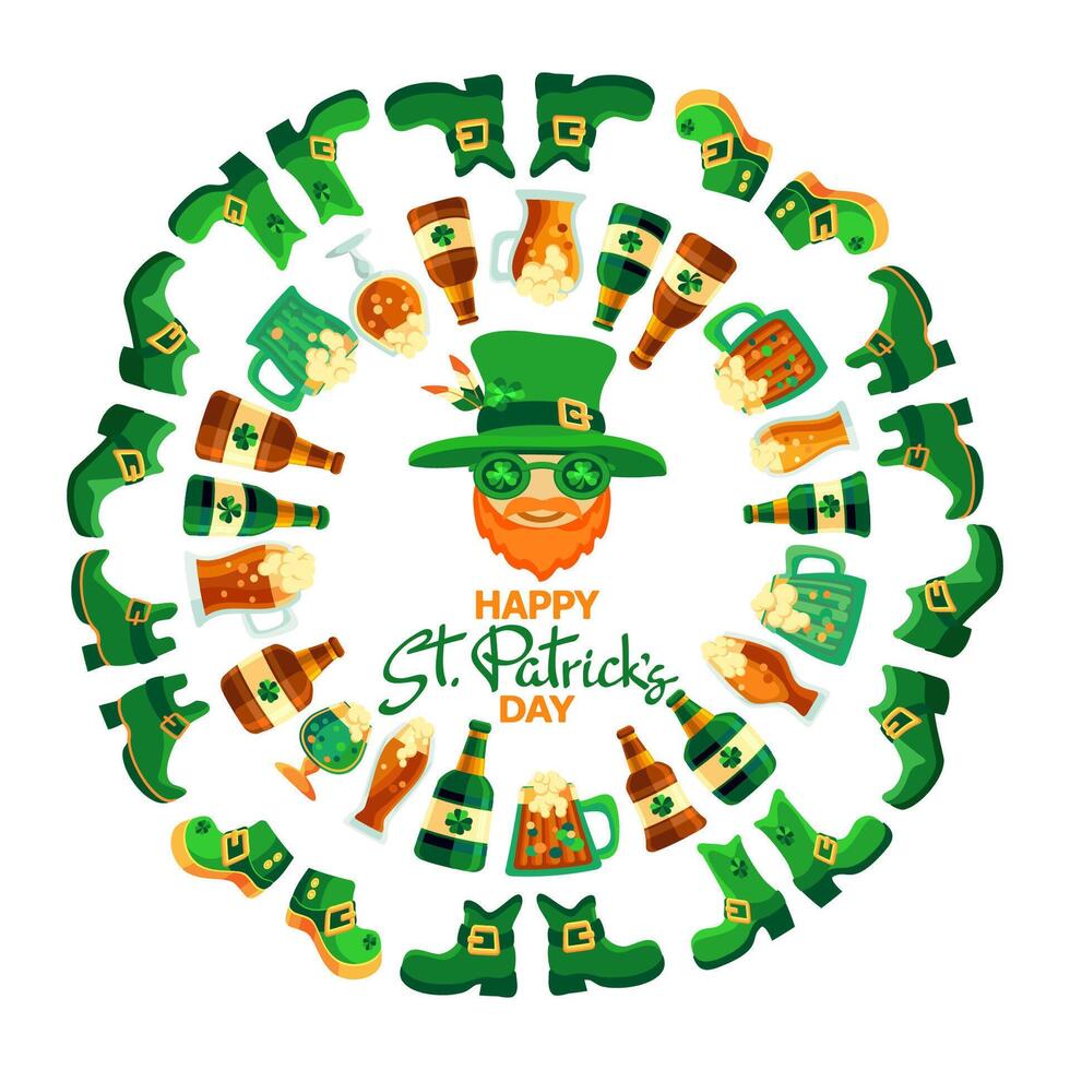 gelukkig heilige patricks dag. hand getekend belettering, elf van Ierse folklore, schoenen, bier. vector