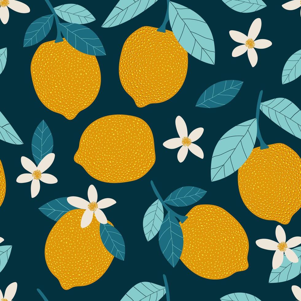 citroenen zijn poreus met bladeren. tropisch zomer fruit citrus naadloos patroon met Aan donker blauw achtergrond voor textiel. vector. vector