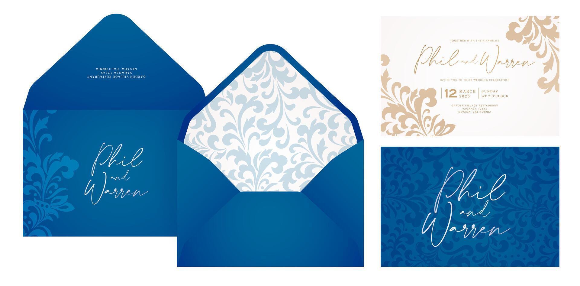 bruiloft uitnodiging kaart envelop reeks ontwerp met blauw en goud folie sier- Sjablonen voor briefpapier, lay-outs, collages, tafereel ontwerpen, evenement folder, vakantie viering kaarten papieren het drukken covers vector