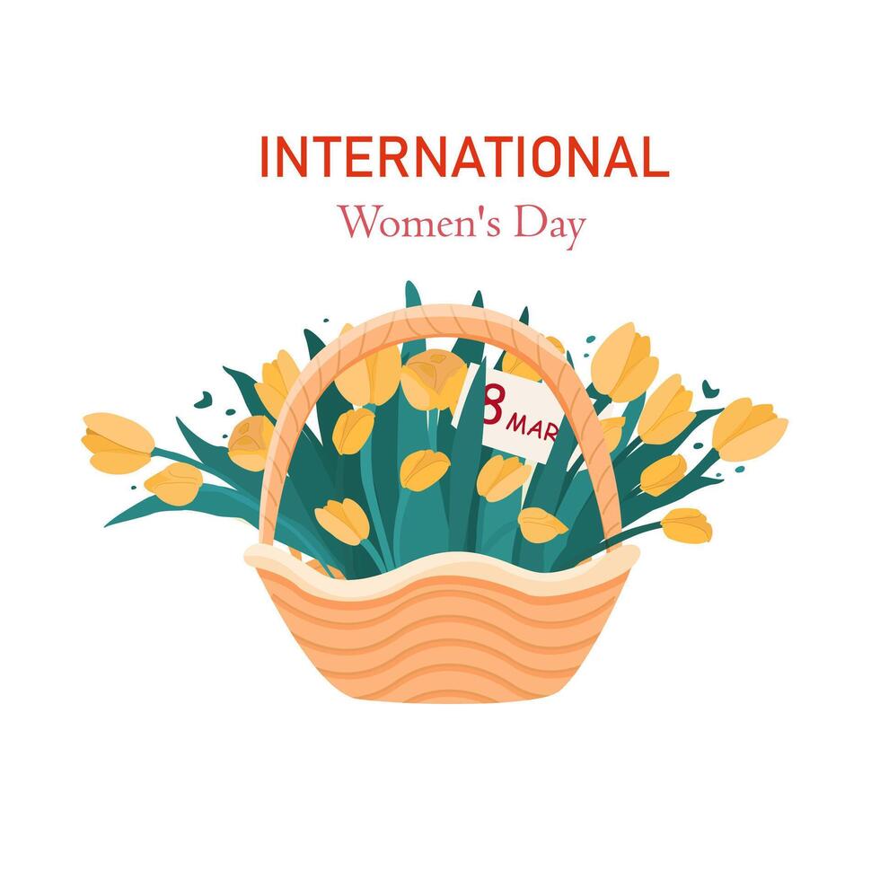 ansichtkaart voor maart 8. Internationale vrouwen dag. mand met geel tulpen. mand met een bericht. woorden van Gefeliciteerd Aan vrouwen dag. vector illustratie