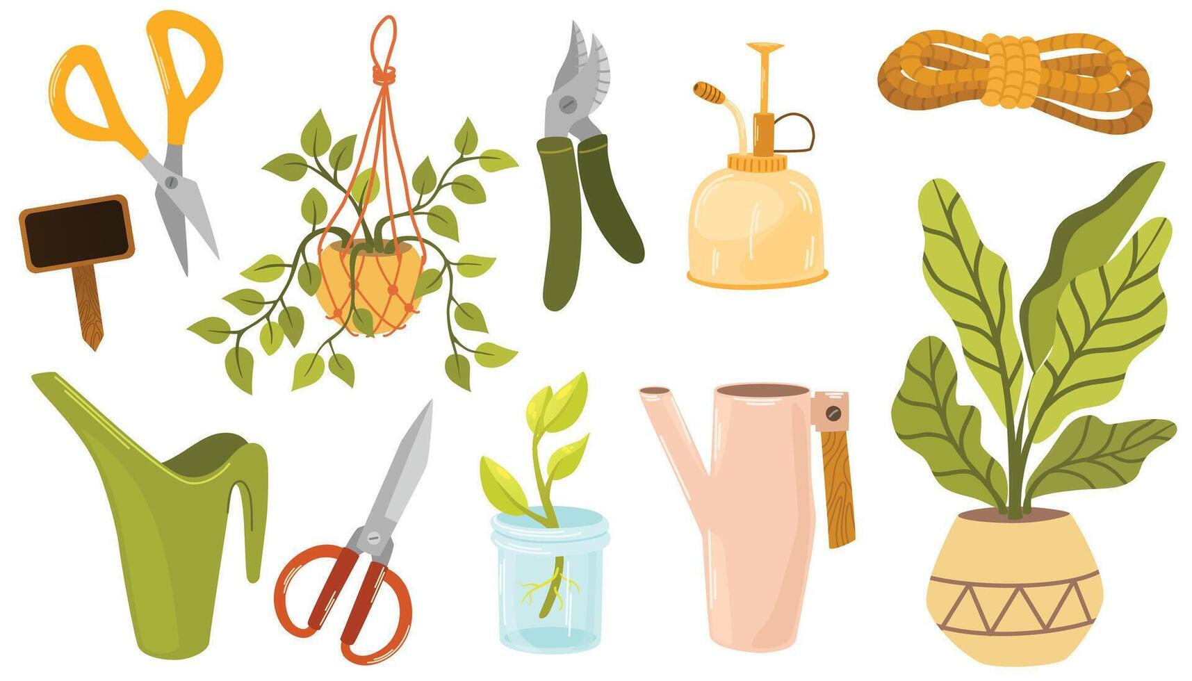 tuinieren gereedschap en planten in potten set. bundel van uitrusting voor huis planten. vlak tekenfilm vector illustraties geïsoleerd Aan wit