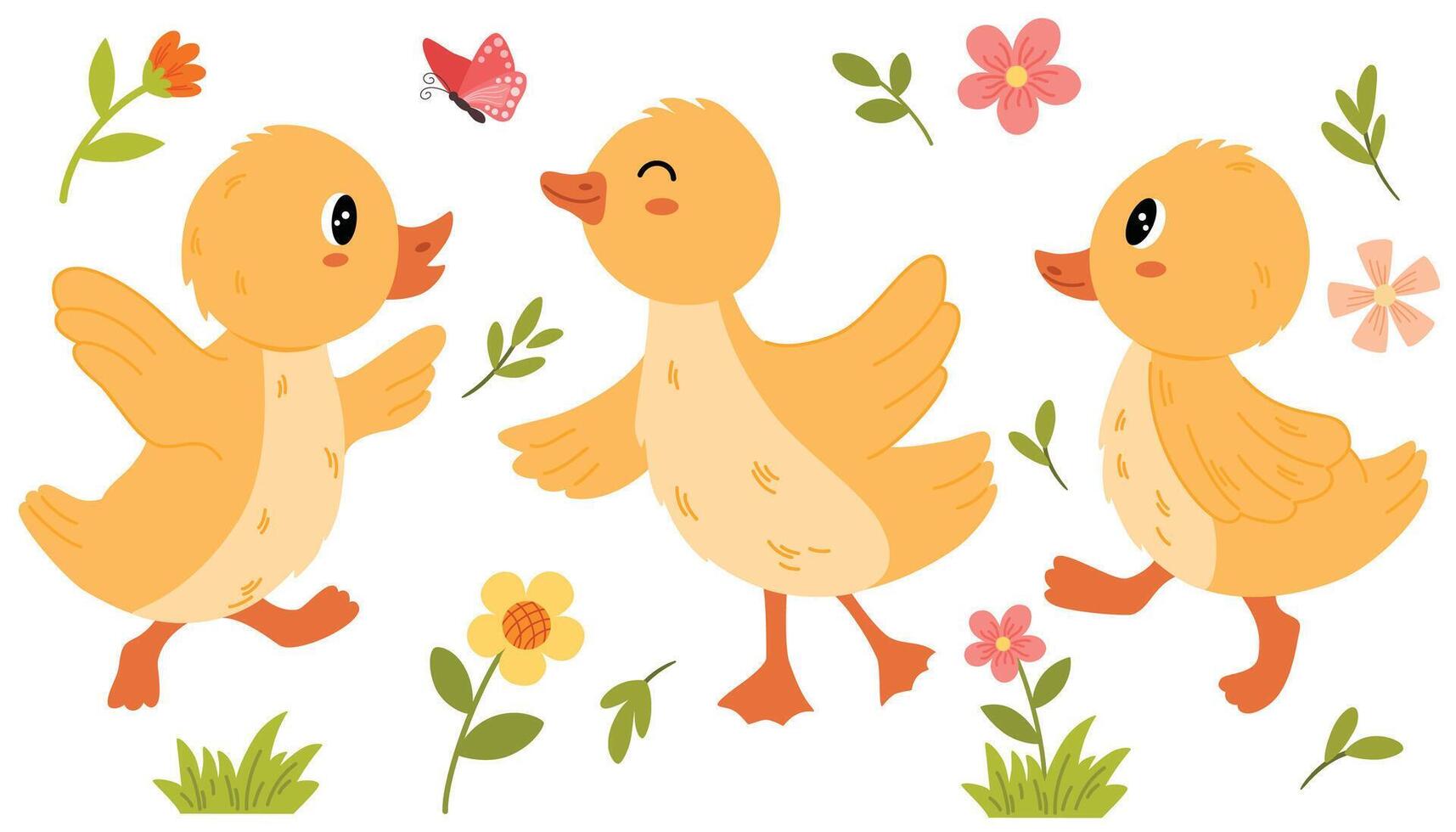 tekenfilm Pasen kuikens set. schattig baby boerderij vogels. vrolijk weinig kippen. grappig huiselijk dieren. voorjaar verzameling van dieren, bloemen, pasgeboren gevogelte. tekenfilm vector illustratie