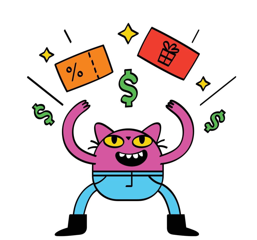 grappig kat met geld en geschenk doos. vector illustratie.