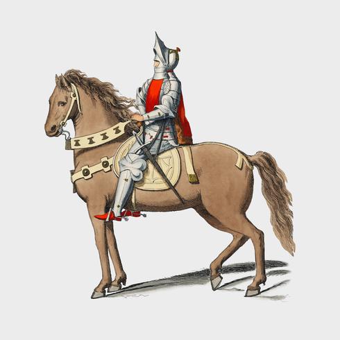 Kostuum Militaire Florentin, door Paul Mercuri (1860) een portret van een ridder te paard met volledige wapenrusting. Digitaal verbeterd door rawpixel. vector