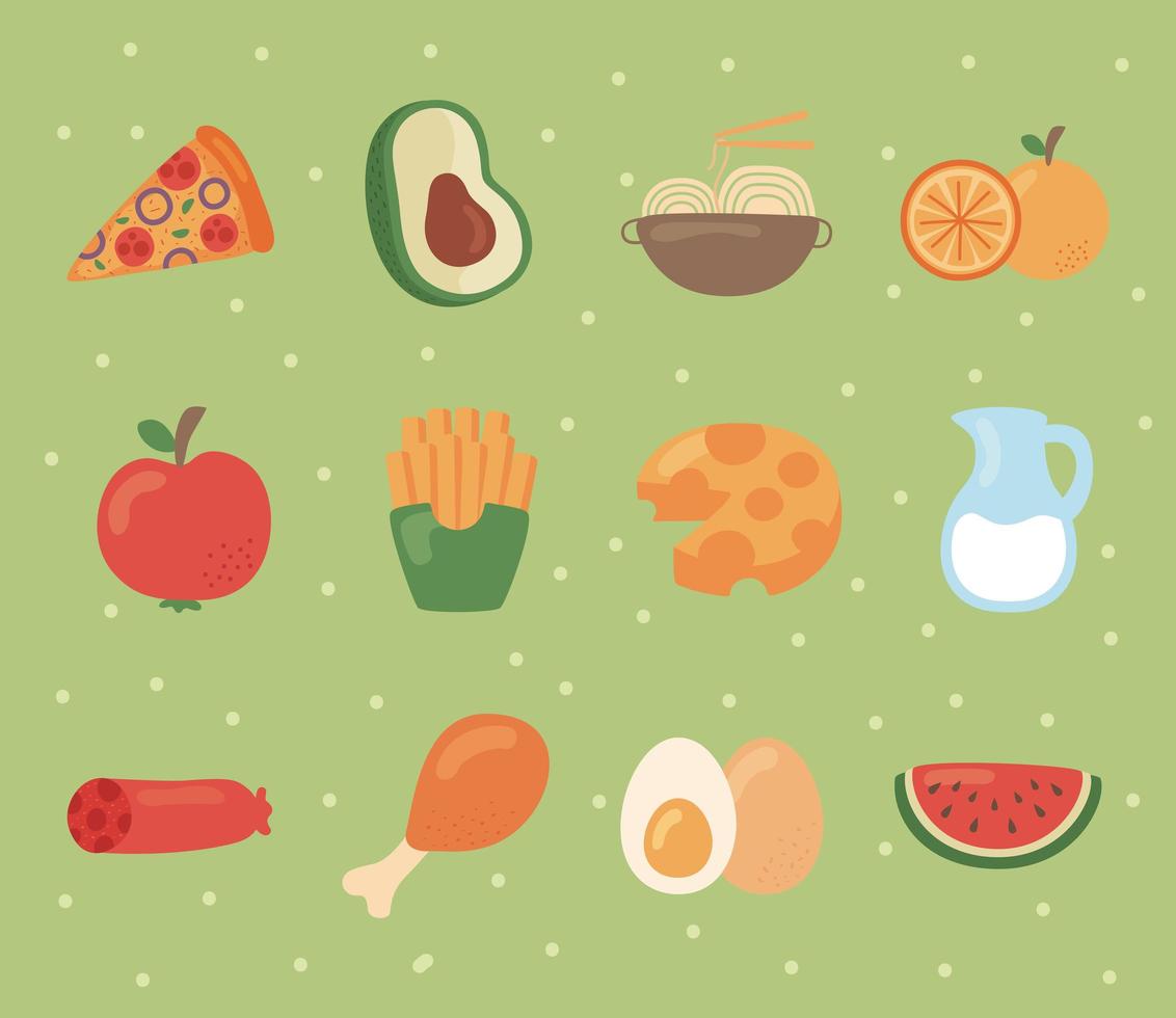 twaalf voedselvoedselpictogrammen vector