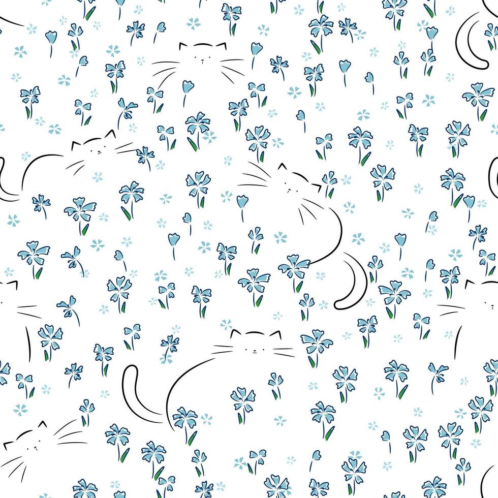 lief kat met blauw bloemen. naadloos kat patroon vector