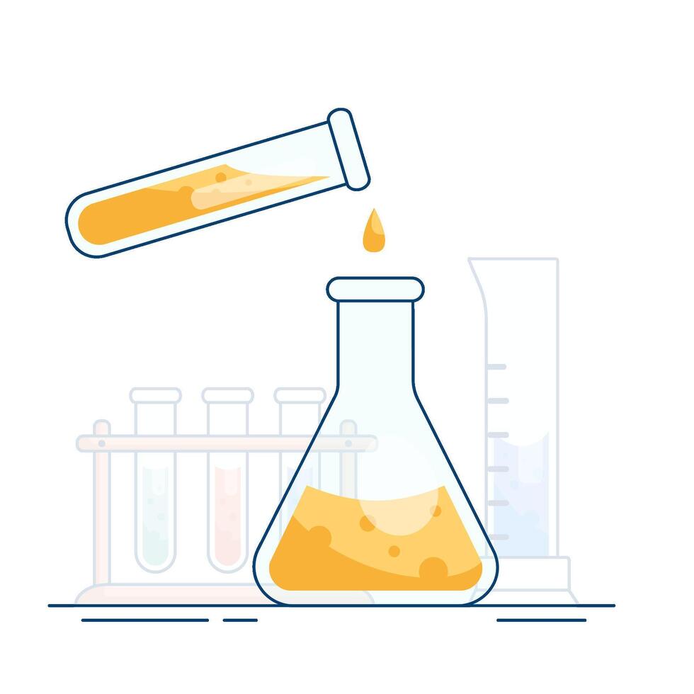 een fles met een gekleurde oplossing en een test buis. chemisch reactie. laboratorium testen. menging van reagentia. experiment en observatie vector