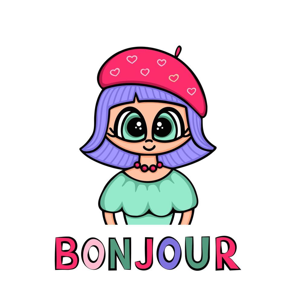 meisje met baret en bonjour. illustratie voor afdrukken, achtergronden, covers en verpakking. beeld kan worden gebruikt voor groet kaarten, affiches, stickers en textiel. geïsoleerd Aan wit achtergrond. vector