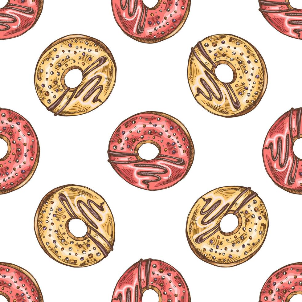 gekleurde naadloos patroon van donuts. hand- getrokken donut schetsen. wijnoogst illustratie. gebakje snoepgoed, nagerecht. element voor de ontwerp van etiketten, verpakking. vector