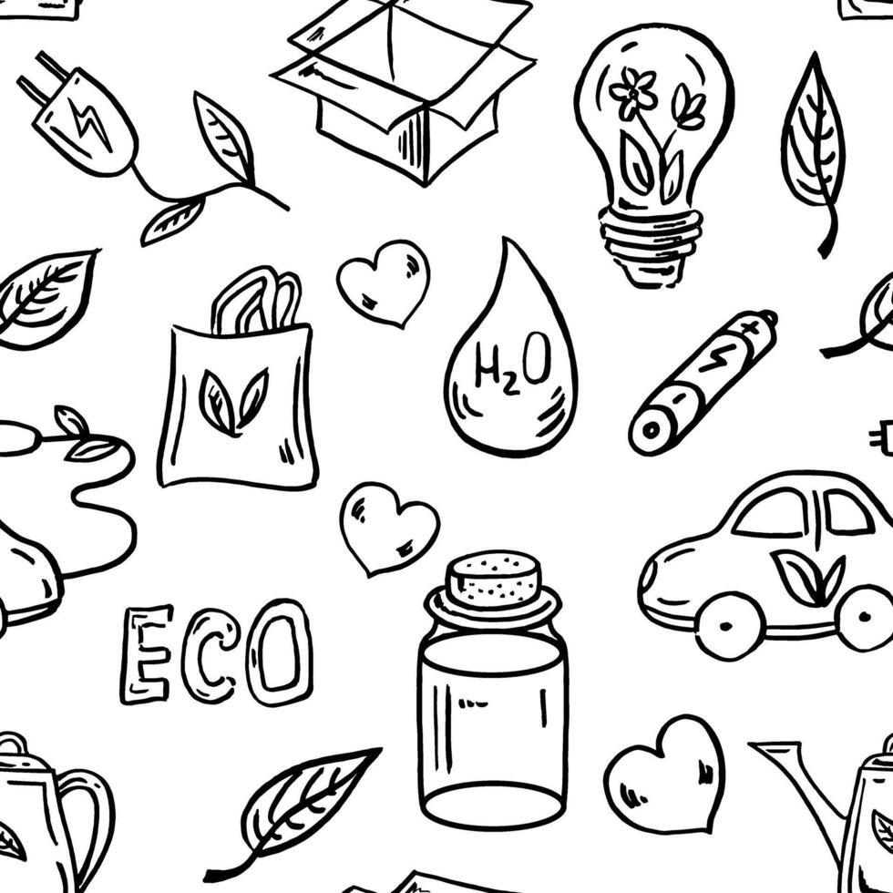 ecologie naadloos patroon. hand getekend tekening vector illustratie. ecologie probleem, recycling en groen energie pictogrammen. milieu symbolen.