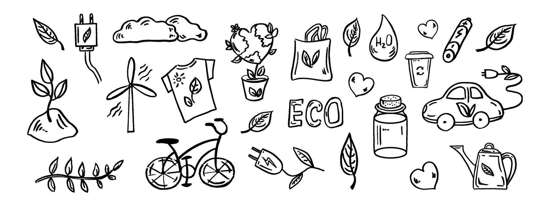 reeks van ecologie. hand getekend tekening vector illustratie. ecologie probleem, recycling en groen energie pictogrammen. milieu symbolen.