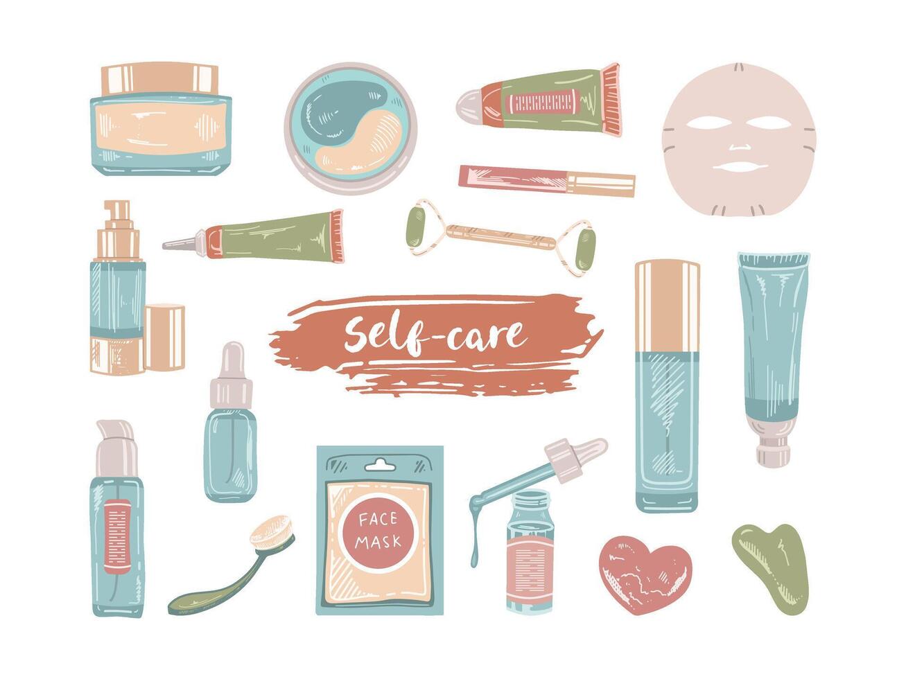 een reeks van hand getekend vlak gekleurde schetsen van cosmetica, schoonheid, zelfzorg elementen. illustratie voor schoonheid salon, kunstmatig op te slaan, bedenken ontwerp. vector