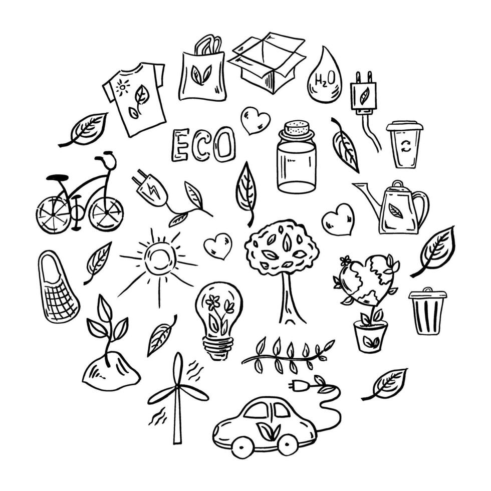 reeks van ecologie. elementen in cirkel. hand getekend tekening vector illustratie. ecologie probleem, recycling en groen energie pictogrammen. milieu symbolen.