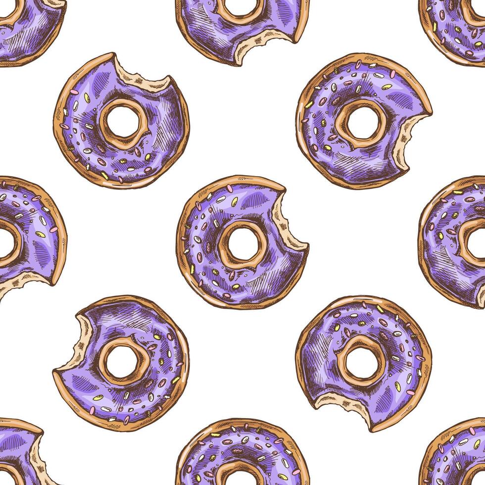 gekleurde naadloos patroon van donuts. hand- getrokken donut schetsen. wijnoogst illustratie. gebakje snoepgoed, nagerecht. element voor de ontwerp van etiketten, verpakking. vector