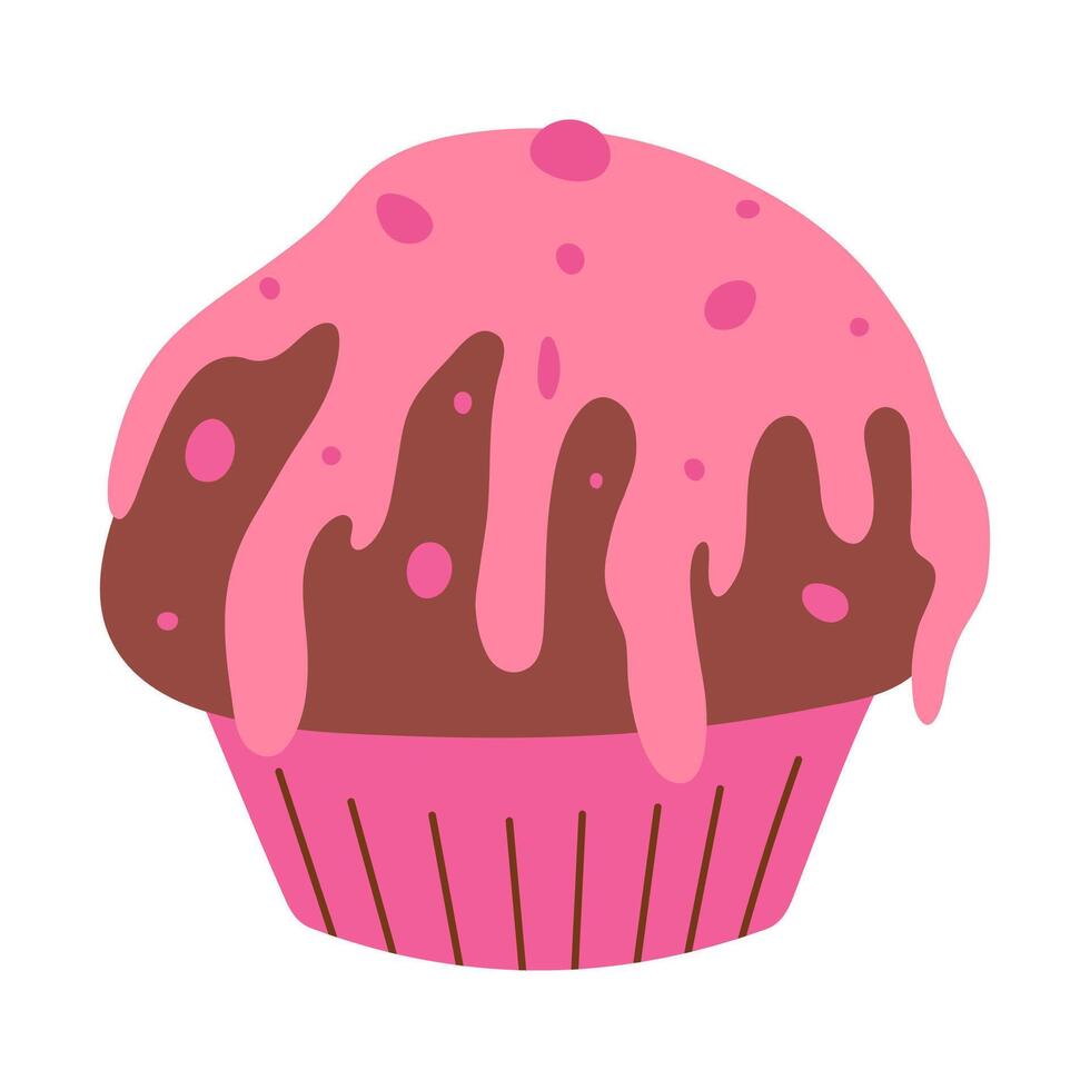 chocola muffin met chocola roze glazuur, voedsel vector illustratie, gebakken snoepgoed, vlak stijl muffin