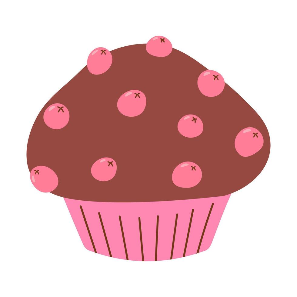 chocola muffin met roze bessen, voedsel vector illustratie, gebakken snoepgoed, vlak stijl muffin