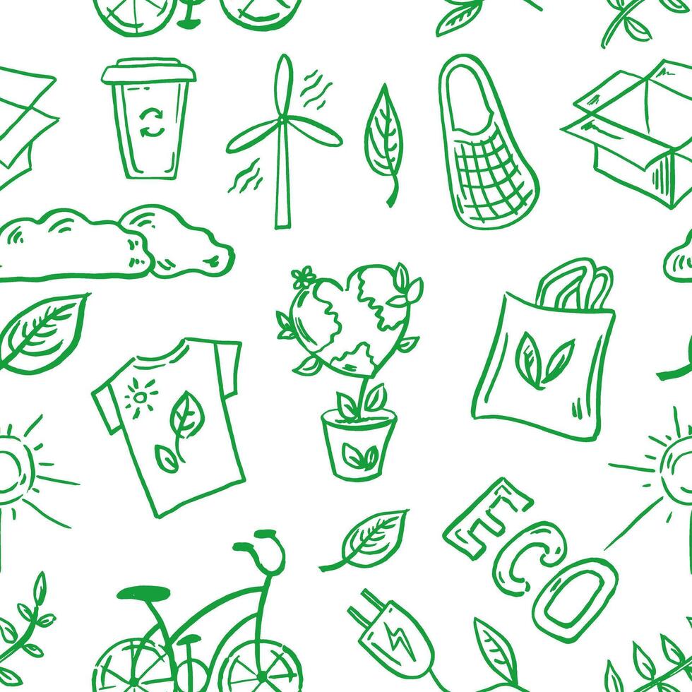 ecologie naadloos patroon. hand getekend tekening vector illustratie. ecologie probleem, recycling en groen energie pictogrammen. milieu symbolen.