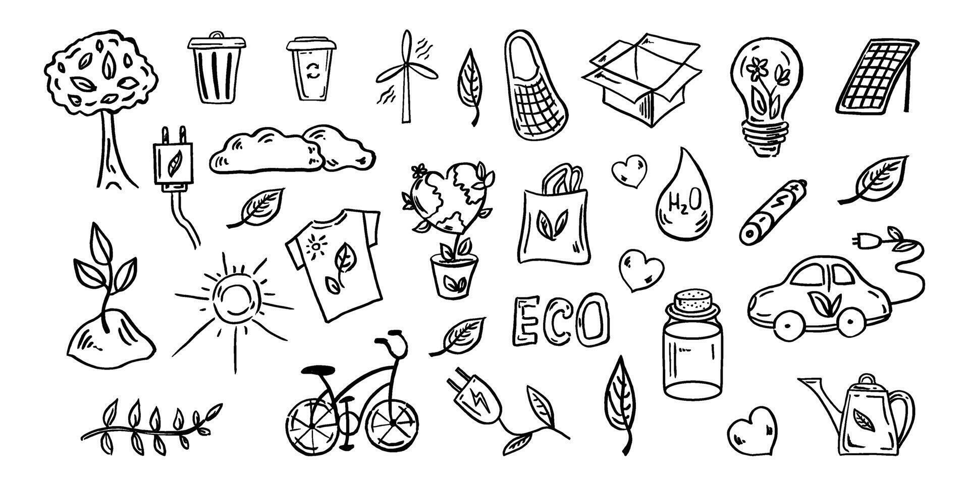 reeks van ecologie. hand getekend tekening vector illustratie. ecologie probleem, recycling en groen energie pictogrammen. milieu symbolen.