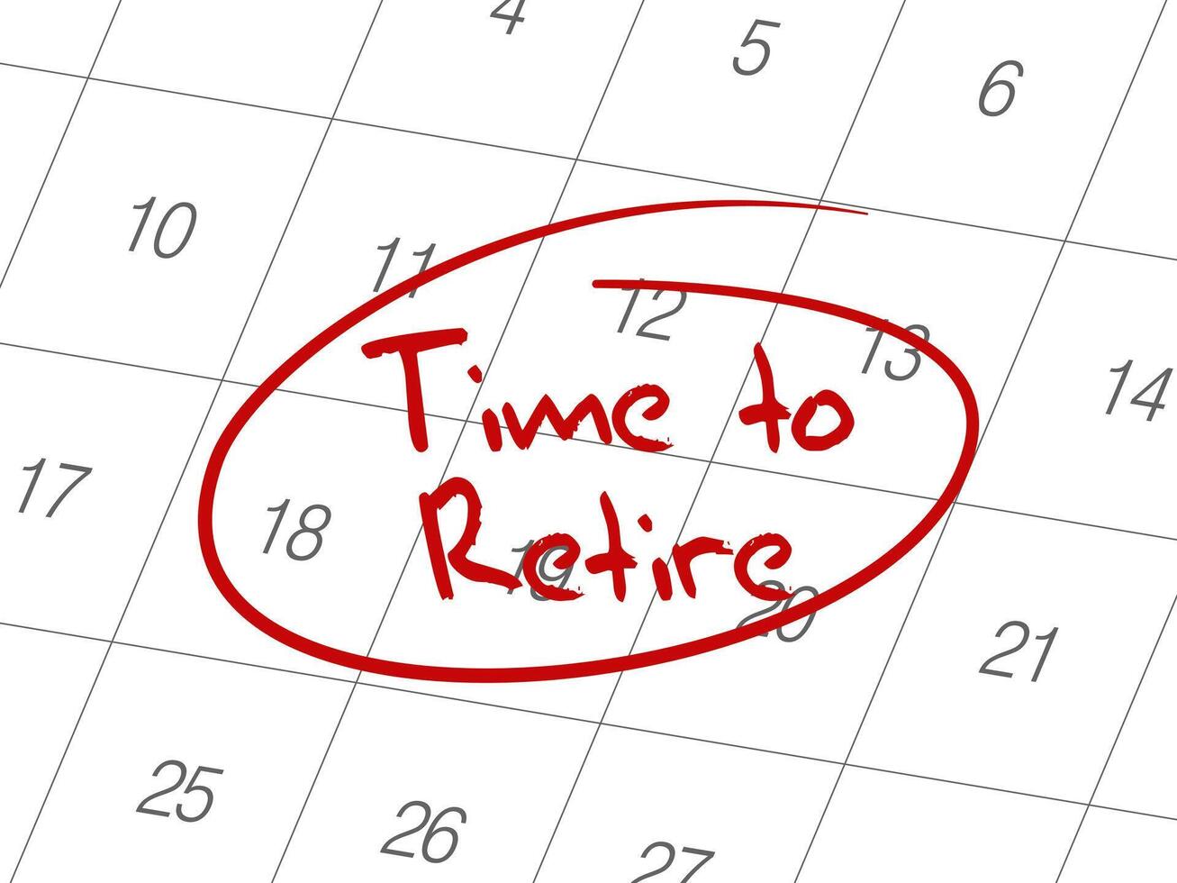 tijd naar met pensioen gaan woorden cirkel gemarkeerd Aan een kalender met geïsoleerd wit achtergrond vector