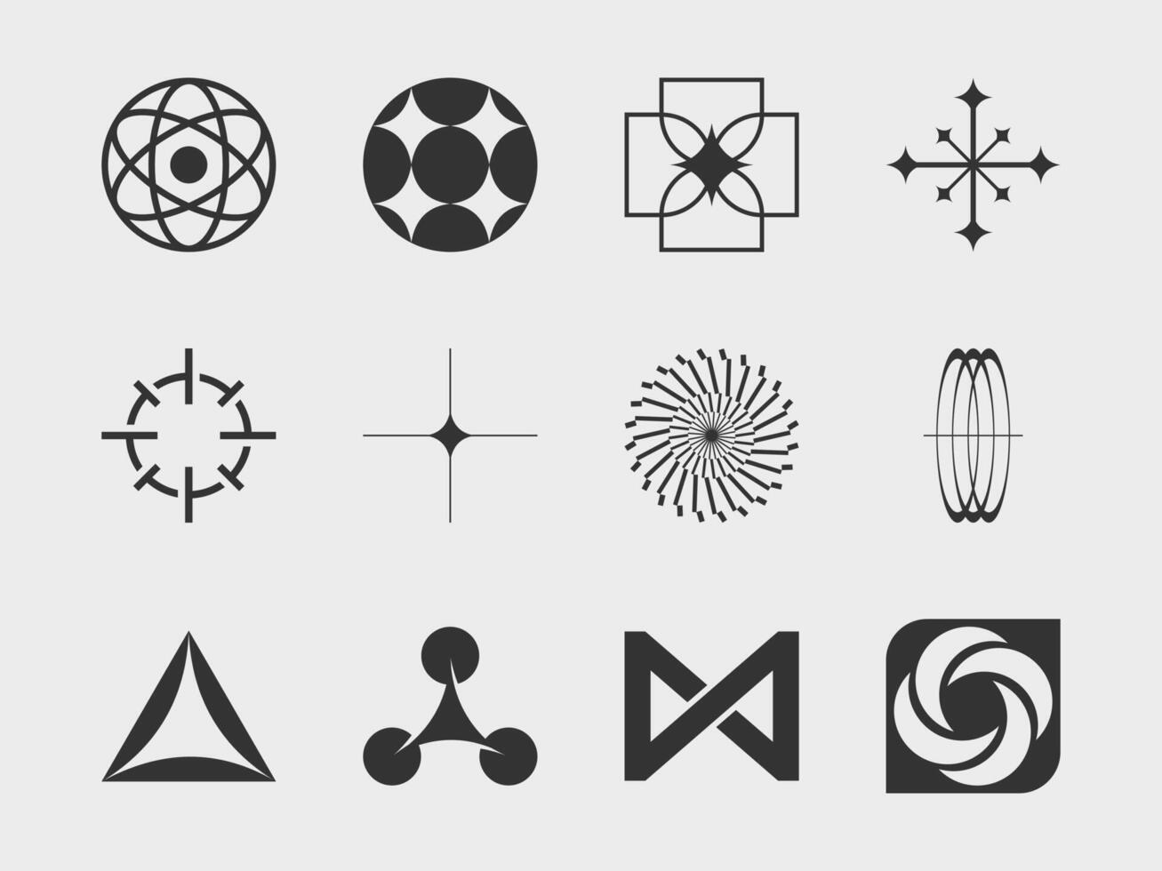 abstract verzameling 9 grafisch meetkundig symbolen en voorwerpen in y2k stijl. Sjablonen voor notities, affiches, spandoeken, stickers, bedrijf kaarten, logo. vector