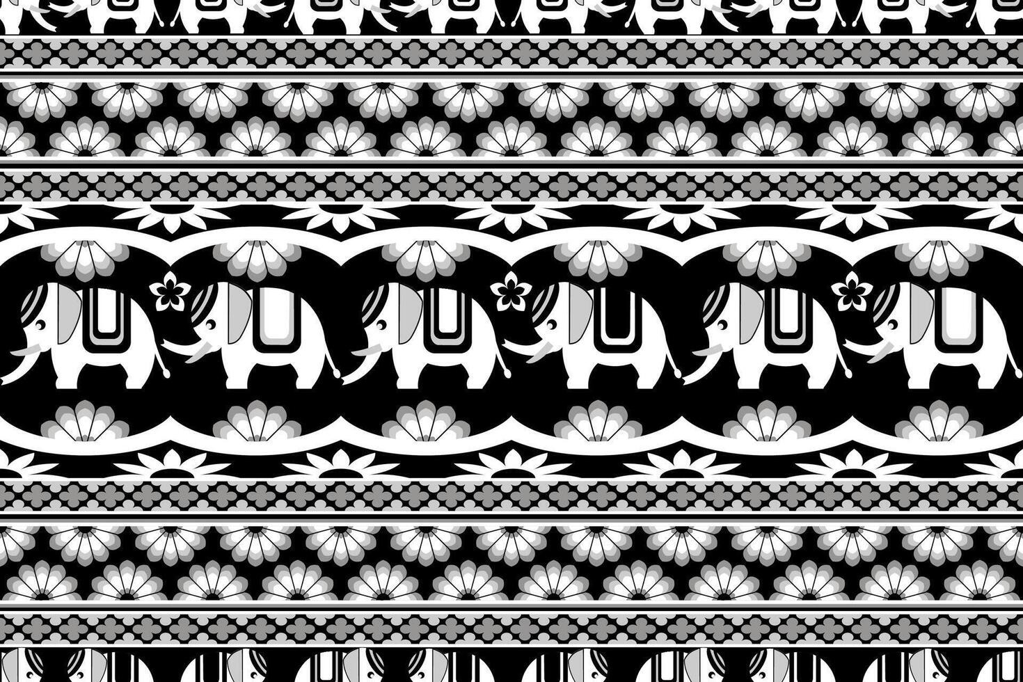 etnisch schattig wit Thais olifant naadloos patroon Aan zwart achtergrond. vector ontwerp voor kleding stof, tapijt, tegel, borduurwerk, behang, en achtergrond