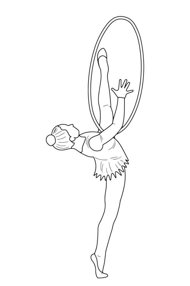 schetsen silhouet van een gymnast in een sport- houding met een hoepel, geïsoleerd vector