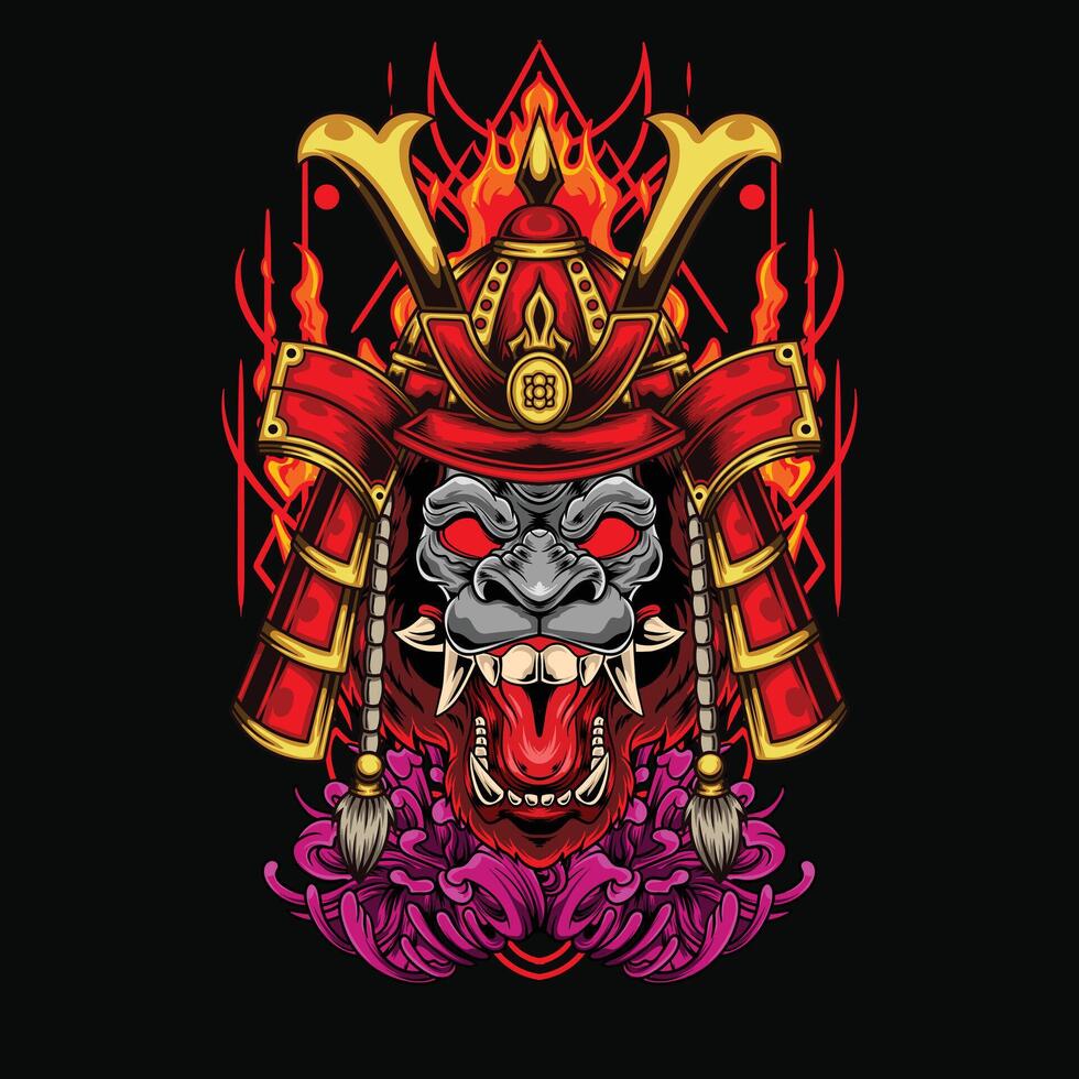 vector illustratie van gorilla hoofd met samurai helm