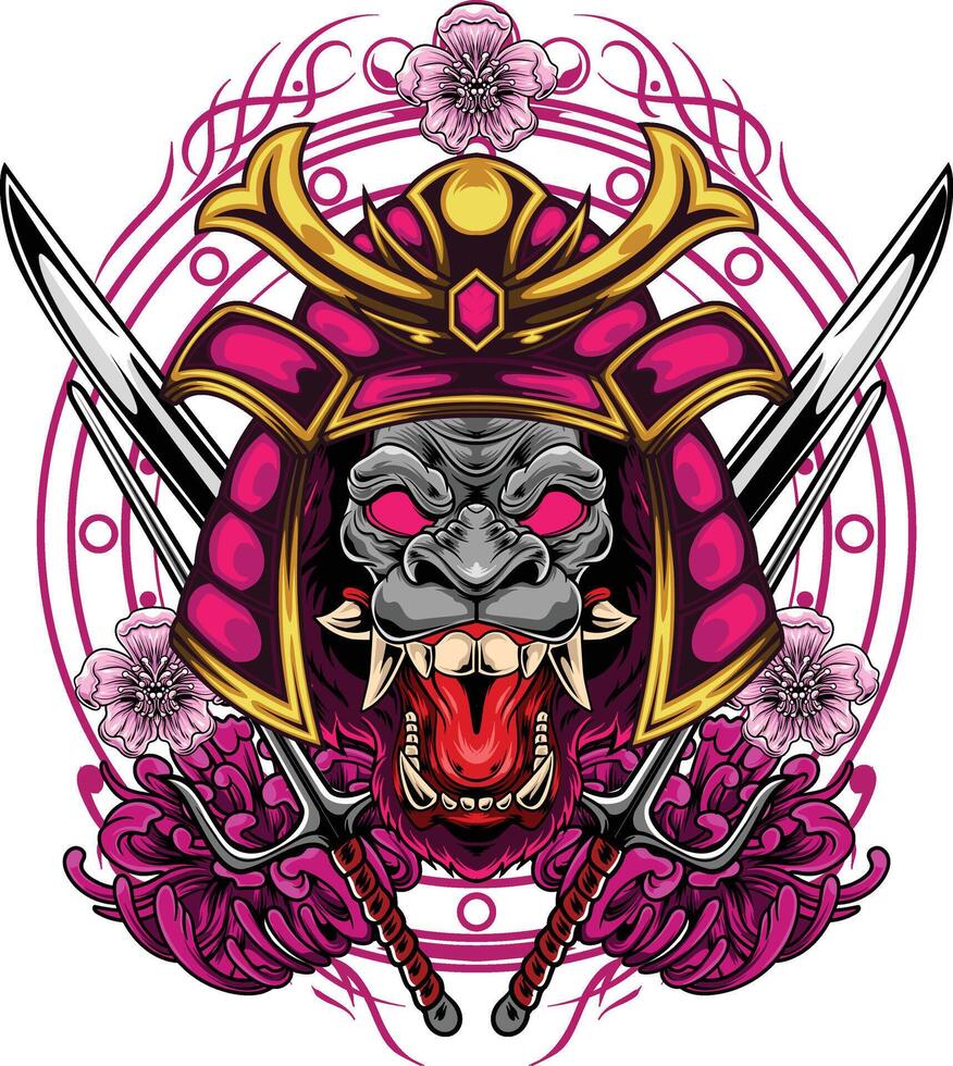 vector illustratie van gorilla hoofd met samurai helm