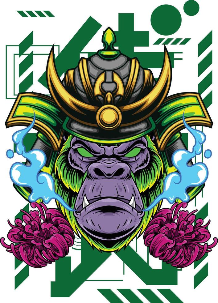 vector illustratie van gorilla hoofd met samurai helm