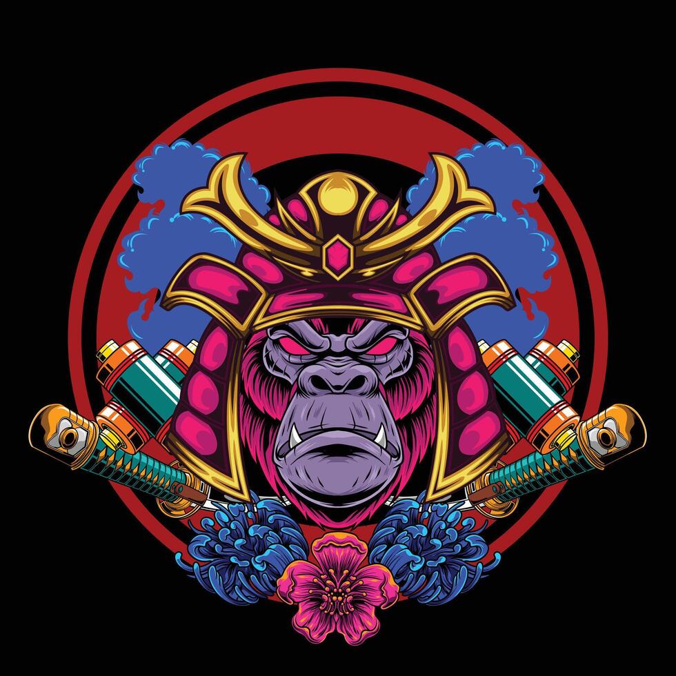 vector illustratie van gorilla hoofd met samurai helm