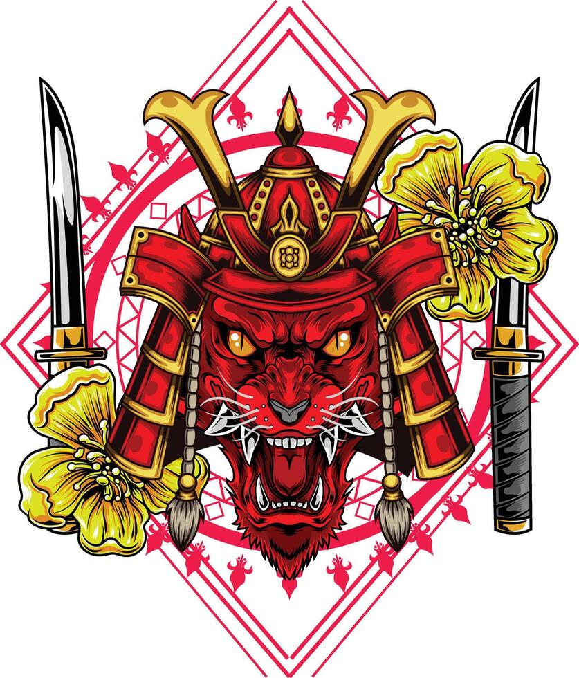 vector illustratie van Japans wolf met samurai helm